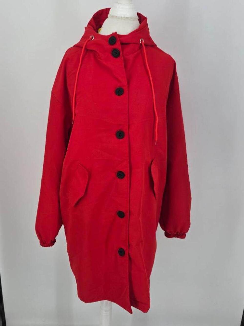 Paris Design Womens L Hooded Trench Coat Jacket Red Rain Mac Longline 3XL